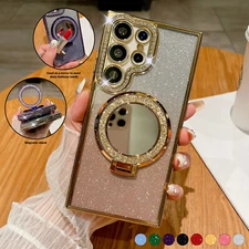 Bling Diamond Mag Safe Ring Stand Case Mirror For Samsung S24 Ultra S23 S22 Plus