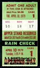 1979 BASEBALL TICKET GIANTS PADRES OPENING DAY VIDA BLUE CG WIN WINFIELD HR #101