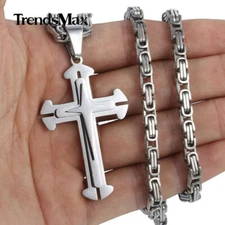 Silver Stainless Steel Cross Pendant Charm Necklace Men Boy Chain Hiphop Jewelry