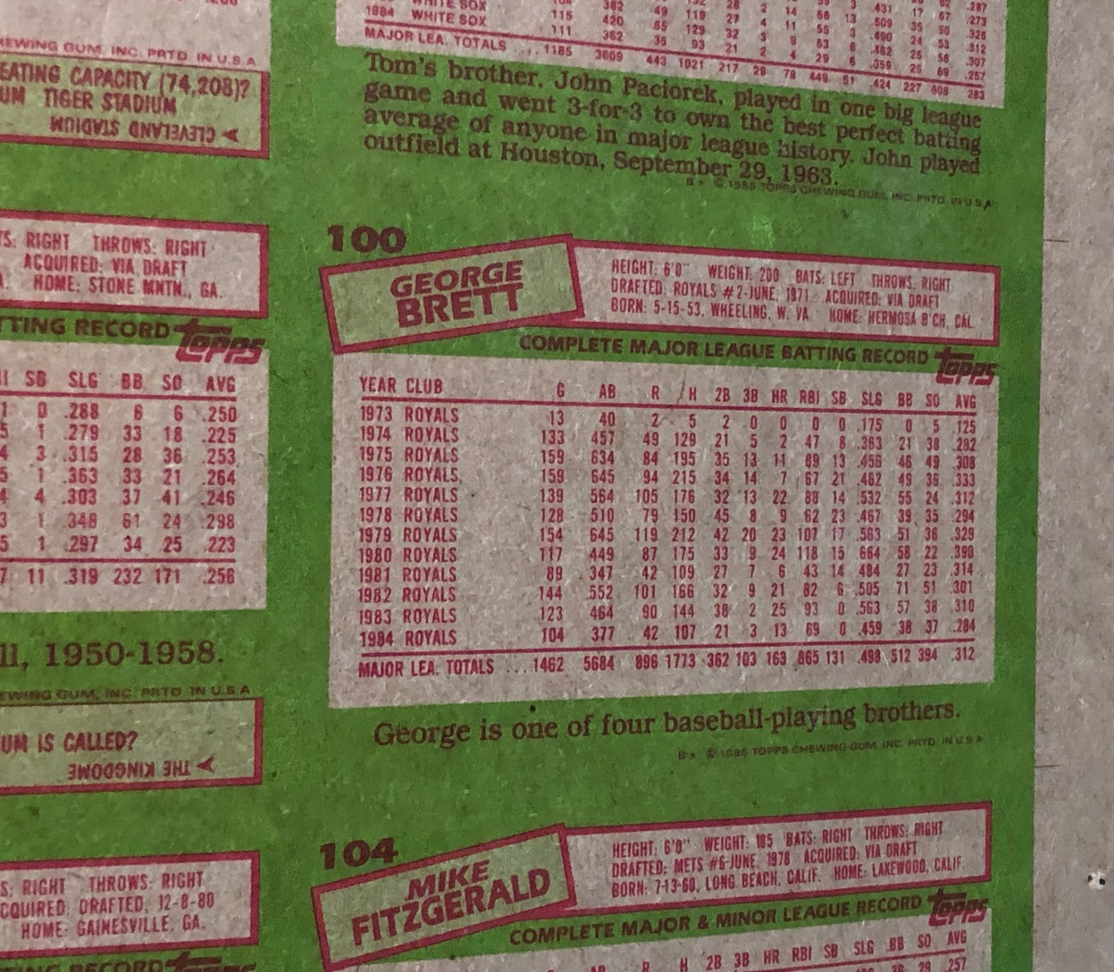 1985 Topps Baseball Card VINTAGE Uncut Sheet (132 Cards) 28" x 43" George Brett