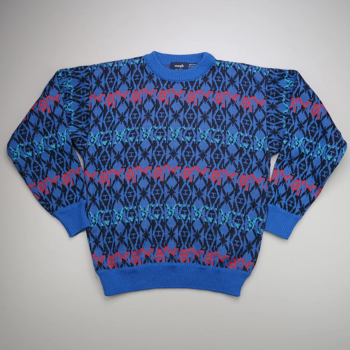 Vintage Wrangler Sweater Womans Medium Blue Red Acrylic Long Sleeve  Abstract | eBay