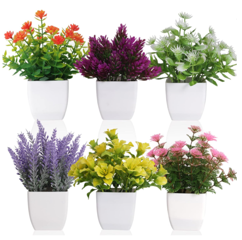Set of 6 Artificial Potted Flowers Mini Faux Plant Decors for Home or Workplace