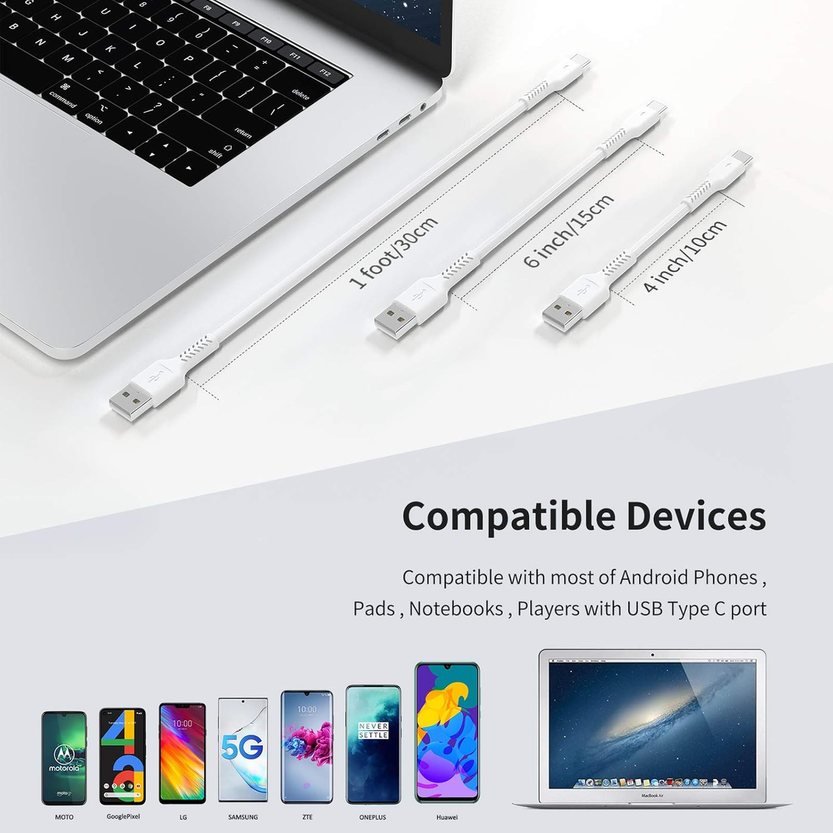 Cavo corto USB C 30 cm,90 gradi USB 3.1 Type-C Cavo di ricarica veloce
