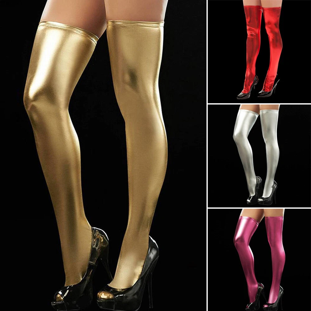Womens Sexy Stockings Hold Ups Wet Look Faux Leather Shiny Thigh High Long Socks