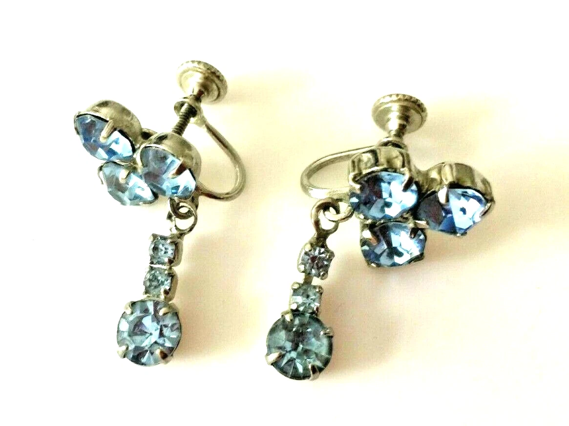 Paire De Boucles D'oreilles Pendantes Anciennes – Acier Clips – Strass