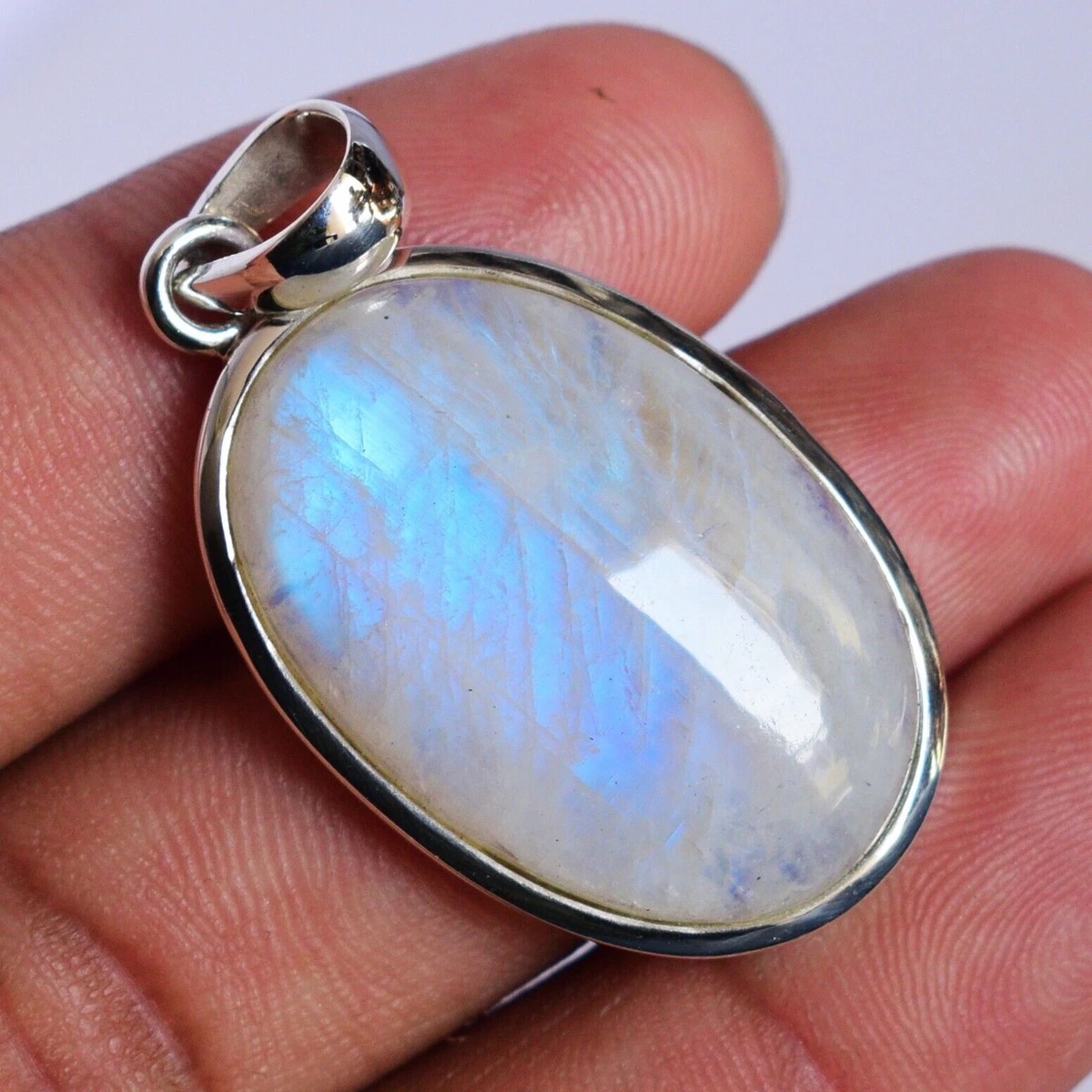 Natural Rainbow Moonstone Pendant 925 Sterling Silver Oval Jewelry