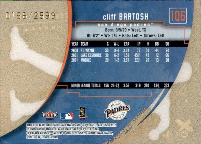 Cliff Bartosh 2002 Fleer RX Rookie #106 /2999 San Diego Padres Numbered Acetate - Image 2 of 2