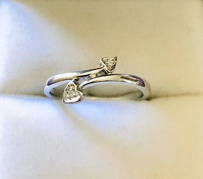 9ct White Gold & Diamond 2 Hearts Ring Size M Hallmarked 375 Unique Brand New