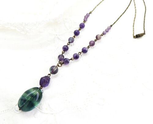 Beautiful Flourite Crystal Drop Vintage Lariat Necklace - Picture 1 of 3