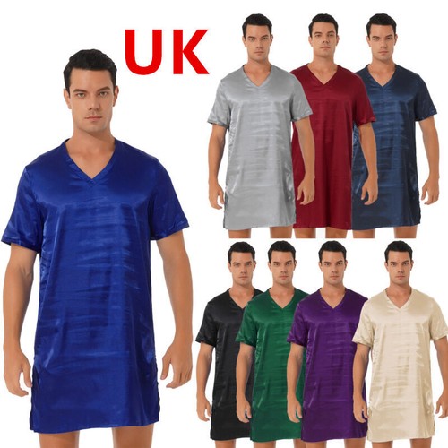UK Men Silk Nightshirt V Neck Short Sleeve Casual Tops Shirt Sleepwear Nightgown - 第 1/57 張圖片