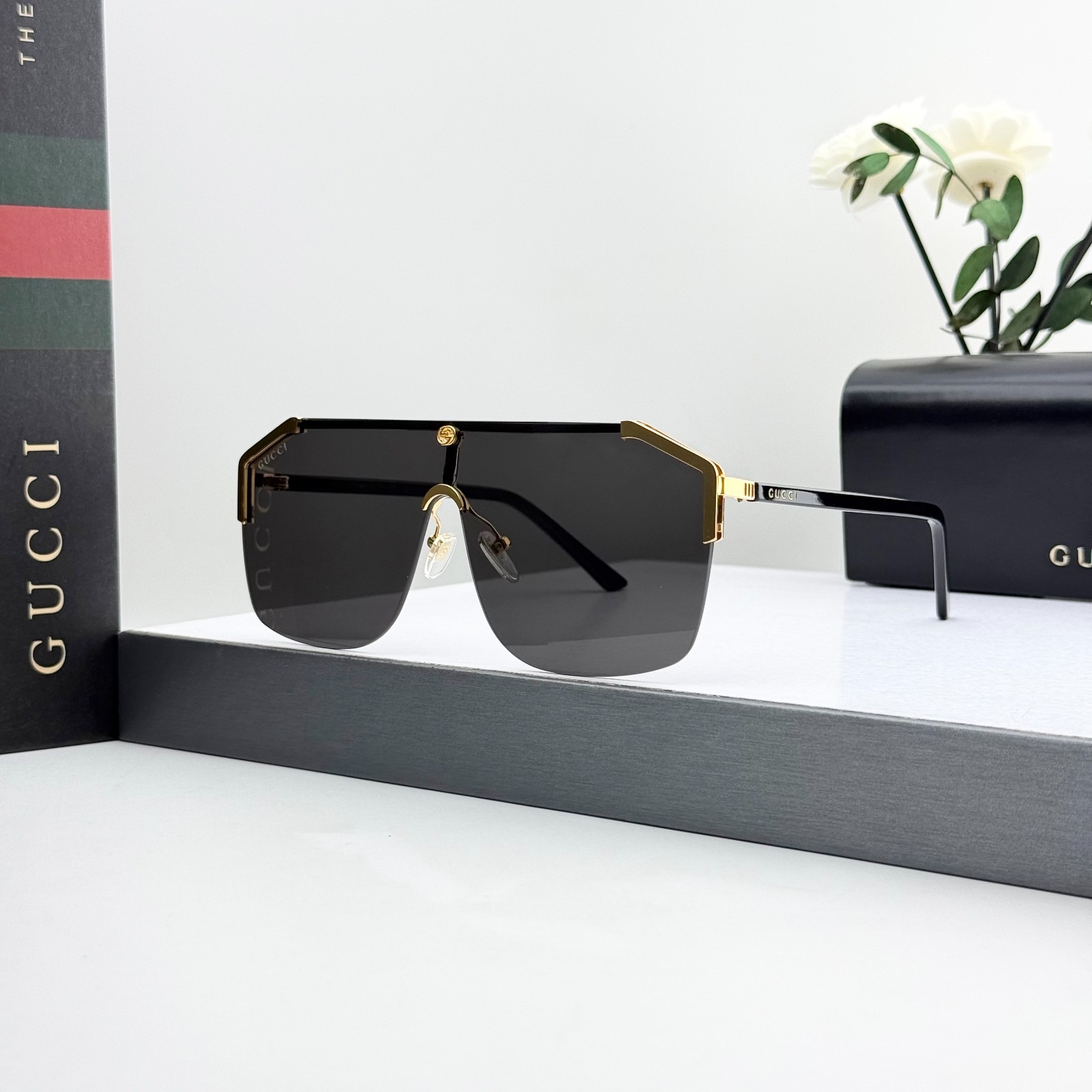 Gucci GG0291S Shield Sunglasses Men Black Gold Gray Lens 99mm Italy