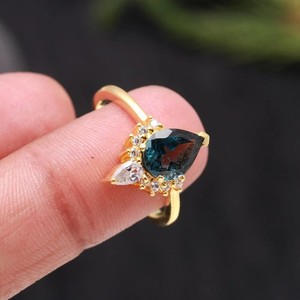 Authentic 925 Sterling Silver Gold Plated Ring Natural London Blue Topaz Pear Cut Jewelry