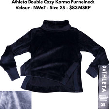 Athleta Double Cozy Karma Mock Funnel Neck Sweatshirt Black Velour Size XS NWOT