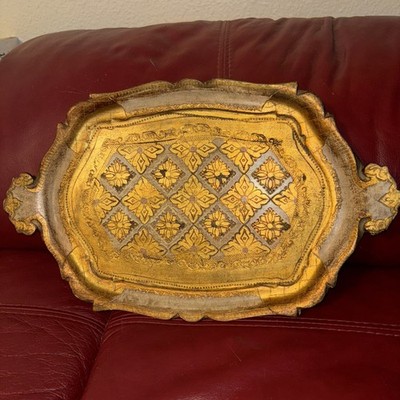 Vintage Italian Florentine Tray Gold Colour 14 x 9  Hand Painted Tableware