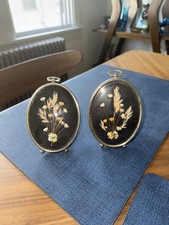 Vintage Dried Floral Bouquet Oval Frames w/ Rounded Bubble Glass Convex Dome