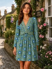 Boden Blue & Green Floral Knit Dress 3/4 Sleeve V- Neck Stretch Shift US 8
