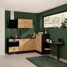 IMPULS Winkelküche - Vintage Eiche - schwarz - Ansetztisch rechts - 225x241 cm