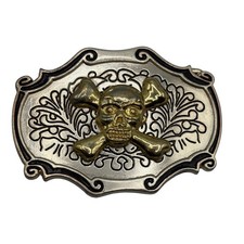 Skull and Crossbones Belt Buckle Silver Gold Tone Western Biker Gothic Pirate