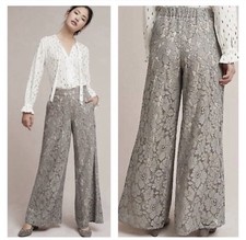 Anthropologie Lace Wide Leg Trousers Boho Chic High Rise Grey Neutral