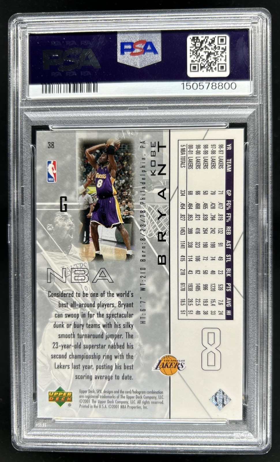 2001-02 SPx Kobe Bryant #38 Lakers PSA 8 view 2