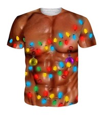 Maglietta Divertente Brutto Natale 3D Finto Abs Muscolo Abbronzato Corpo Luci Vacanze Tee