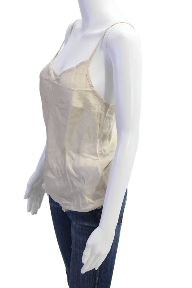 Camiseta sin mangas Nation LTD para mujer con correa de espagueti cuello en V flecos satinado beige talla pequeña Foto 2 de 4