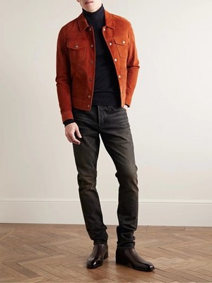 Rusty Orange Trucker Real Suede Leather Jacket For Men