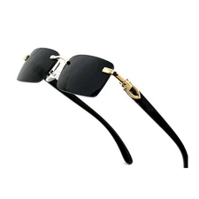 Luxury Hip Hop Black Tint Mens Rectangle Buffs Gold Frame Rimless Sunglasses