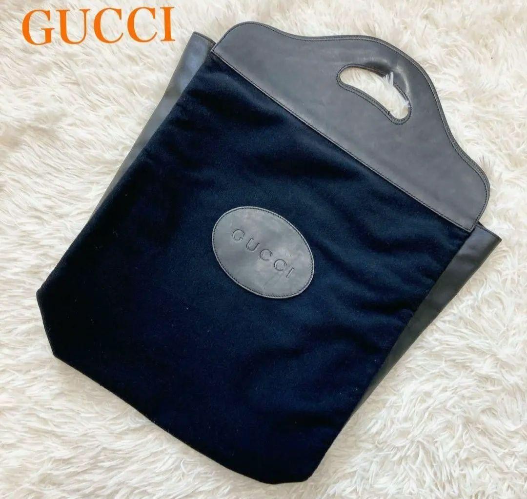 Gucci Dark Blue Black Leather Felt Tote Bag A4 Spacious Pre-Owned