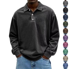 Mens Polo Long Sleeve Shirt Distressed Button Basic Solid Color Polo Golf Shirt