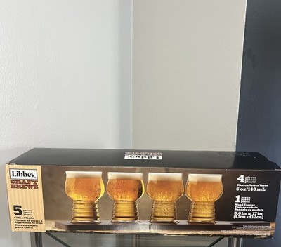 Libby Craft Brews 5piece Set (4) 5oz Glasses With Wood Carrier  New