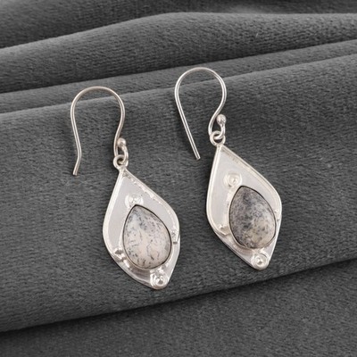 Pear Dendritic Opal Stone Hook Wedding Wife Drop Dangle Earrings Sterling Silver