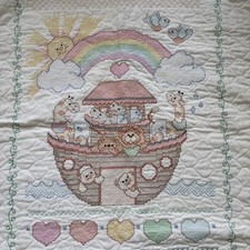 Baby Quilt Finished Hand Embroidered Cross Stitch Noah's Ark Rainbow 31x37 D9