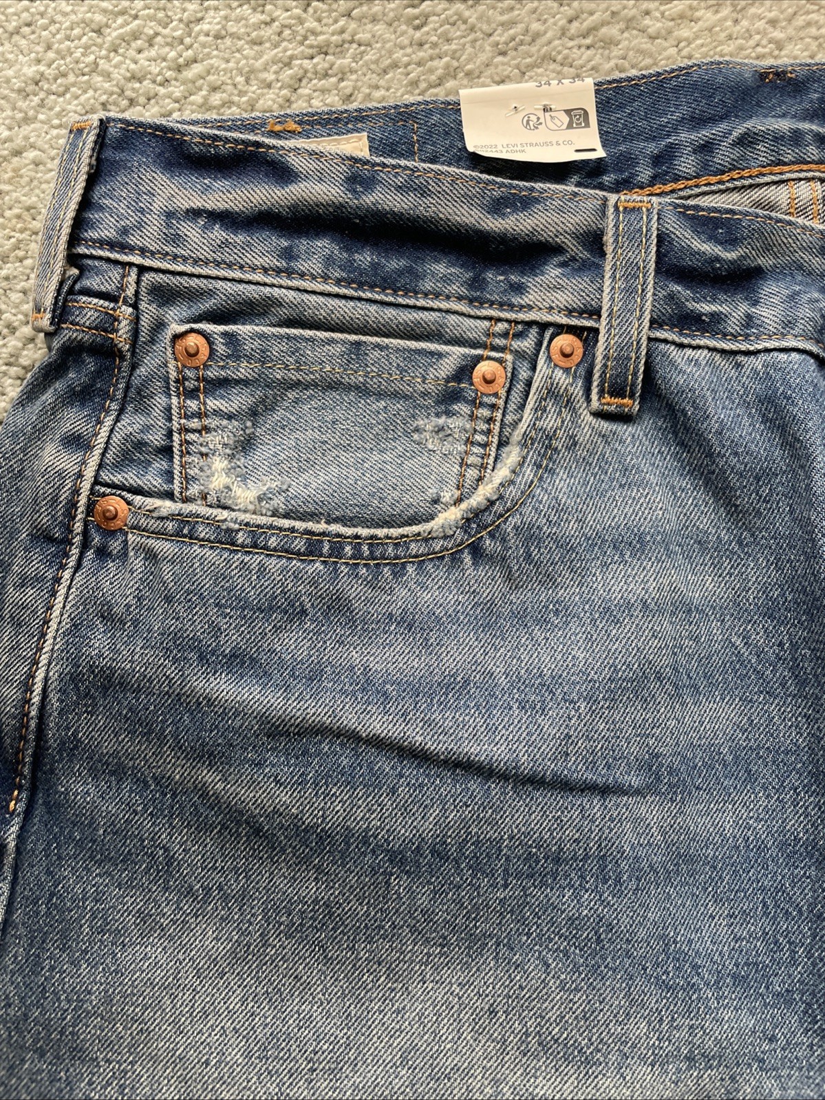 Levi's Premium 501 Original Selvedge Blue Distress Jeans Men's Size 34 X 34 Fly thumbnail 7