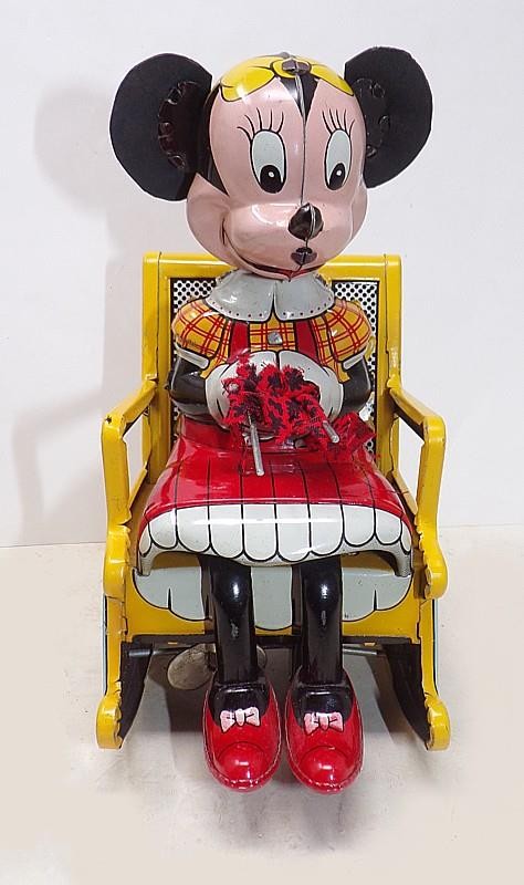 DISNEY MARX 50S MINNIE MOUSE IN ROCKER KNITTING WIND-UP TOY