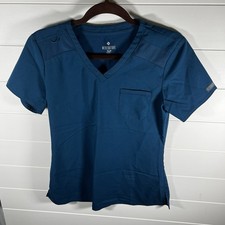 Med Couture Touch Cari Scrub Top Women's Small Teal Blue V-Neck Stretch Pocket