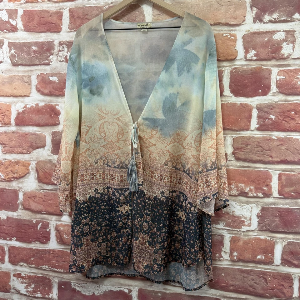 Cardigã Feminino One World Live And Let Live Kimono Grande Transparente Boho Floral Azul - Imagem 3 de 4