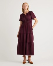NWT Quince Women Washable Stretch Silk Tiered Maxi Dress Wine Tasting M Medium