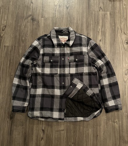 Levis Sakko Herren L grau schwarz kariert Steppfutter Flanell Reißverschluss Knopf Shacket
