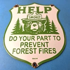 Vintage Forest Service Sign - Smokey Bear HELP Prevent Gas Porcelain Sign