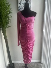 Women’s Pink One Shoulder Ruched Long Asymmetrical Sleeve Midi Bodycon Dress