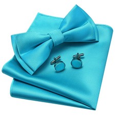 GUSLESON Mens Solid Color Two Layer Pre-tied Bow Tie and Pocket Square Cuffli...
