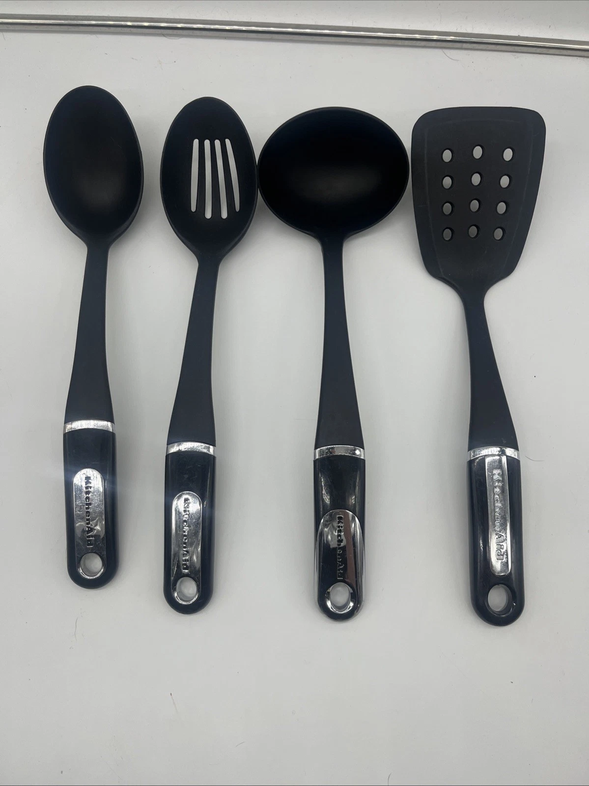 Lot 4 KitchenAid Serving Utensils Black Nylon Slotted Spoon, Spoon Ladle Spatula