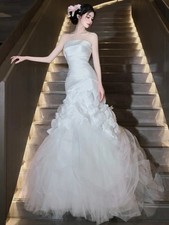 Strapless Mermaid Wedding Dresses Modern Satin Tulle Long Elegant Bridal Gowns