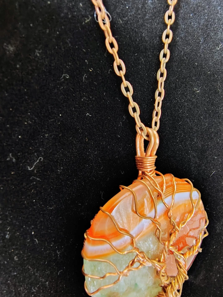 Handmade Tree of Life Wire Wrapped Pendant Necklace Copper Chain Agate Gemstone - Image 4 of 4