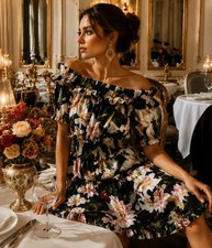 Dolce & Gabbana Cotton Lily Print Off Shoulder Dress