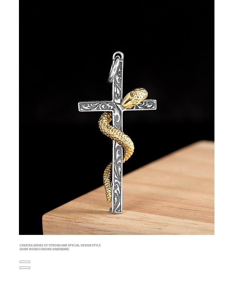 Vintage 925 Sterling Silver & Brass Snake Cross Pendant Gothic