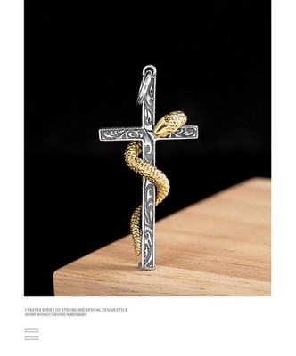 Vintage 925 Sterling Silver & Brass Snake Cross Pendant Gothic