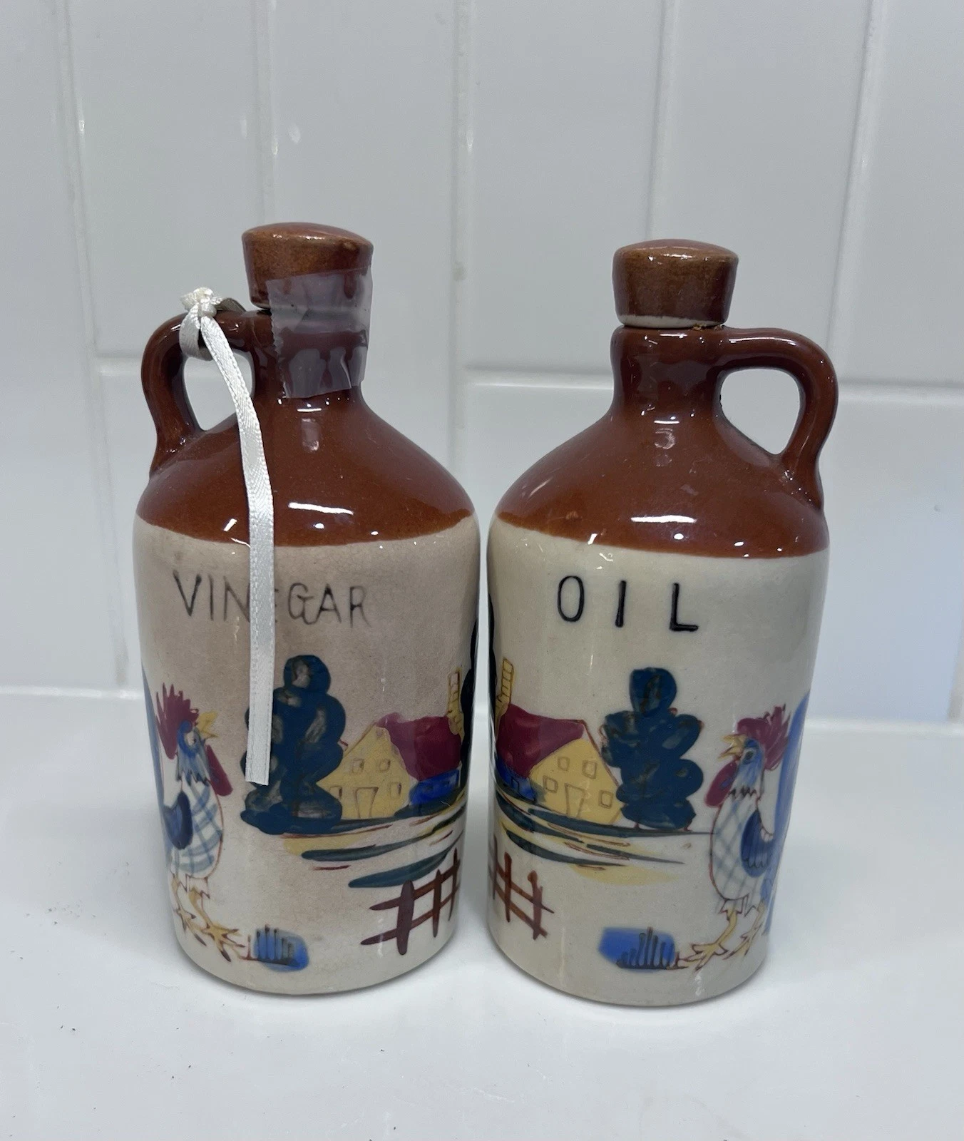 Vintage Oil & Vinegar Jug Ceramic Bottles Farm Scene W Rooster Japan Relco