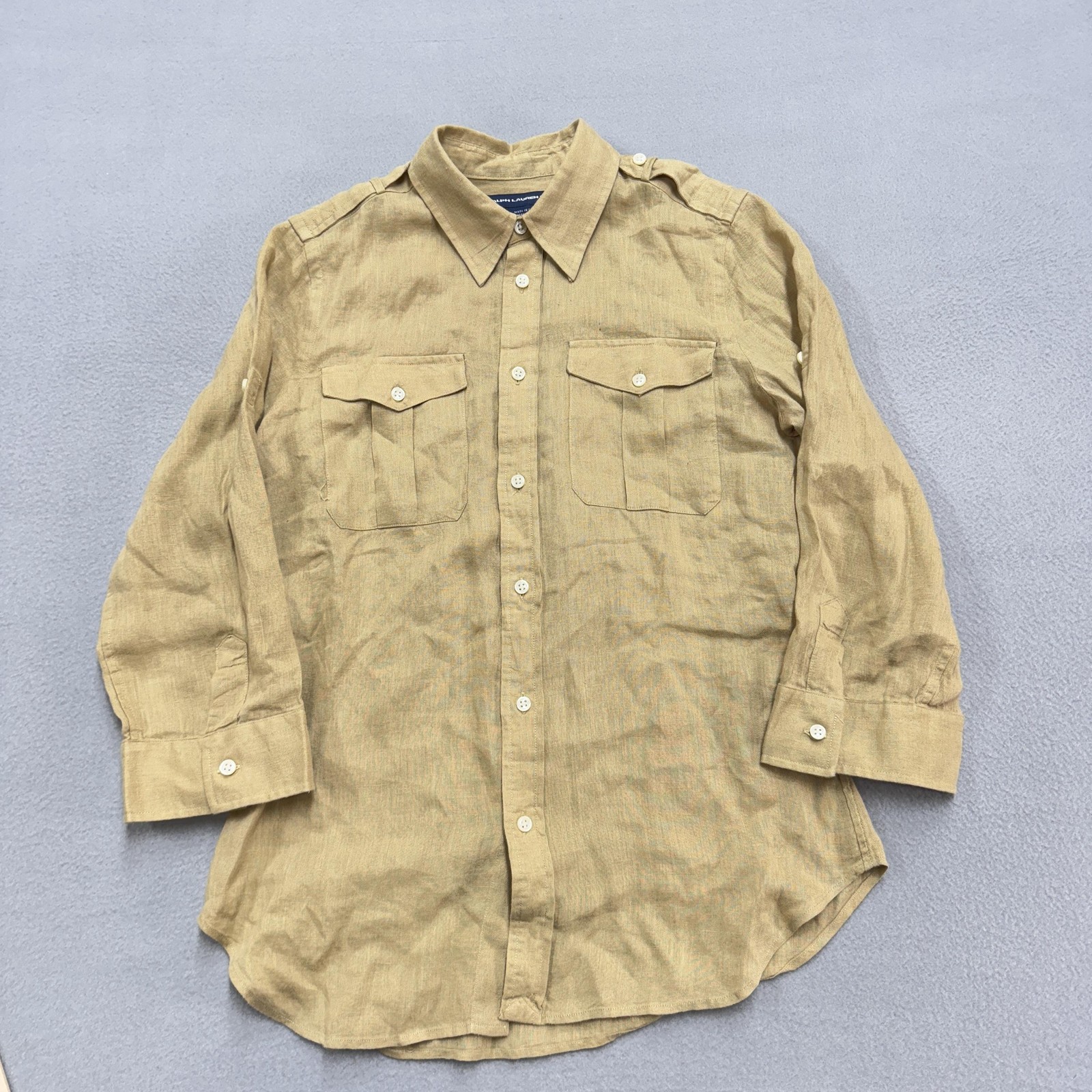Ralph Lauren Shirt Womens 8 Beige Linen Button Utility Safari 3/4 Sleeve